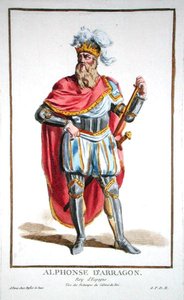 अल्फोंसो वी (1396-1458) आरागॉन और सिसिली के राजा, 'रेक्यूइल डेस एस्टैम्प्स, रैंक्स एंड डिग्निटीज का प्रतिनिधित्व करते हुए, सभी मौजूदा राष्ट्रों की पोशाक का पालन करते हुए', 1780 में प्रकाशित (हाथ के रंग का उत्कीर्णन)