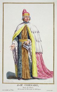 जियोवानी कॉर्नारो (1647-1722) वेनिस के डोगे, 'रिस्यूइल डेस एस्टैम्प्स, जो रैंक्स और डिग्निटीज का प्रतिनिधित्व करते हैं, सभी मौजूदा राष्ट्रों की पोशाक के बाद', 1780 में प्रकाशित (हाथ के रंग की नक्काशी) द्वारा पियरे डुफोलोस