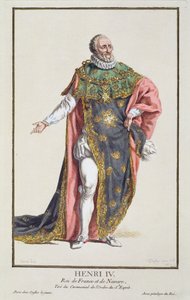 हेनरी चतुर्थ (1553-1610) फ्रांस के राजा, &39;रिसील डेस एस्टैम्प्स, का प्रतिनिधित्व करते हुए, सभी मौजूदा राष्ट्रों की वेशभूषा का अनुसरण करते हुए, रंगीले और डिग्नेइट्स&39;, 1780 में प्रकाशित हुए (हाथ से बने उत्कीर्णन) द्वारा पियरे डुफोलोस