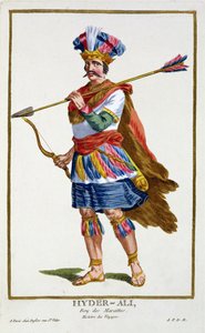हैदर अली (1722-82) &39;रेसुइल देस एस्टैम्प्स&39; से, सभी मौजूदा राष्ट्रों की वेशभूषा का अनुसरण करते हुए, रंग और डिग्नाइट्स का प्रतिनिधित्व करते हुए, 1780 में प्रकाशित हुआ (हैंड-कलर्ड उत्कीर्णन) द्वारा पियरे डुफोलोस