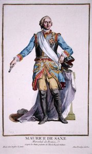 मौरिस ऑफ सैक्सोनी (1696-1750) 'रिस्यूइल डेस एस्टैम्प्स, रिप्रेजेंटिंग द रैंक्स एंड डिग्निटीज, फॉलोइंग द कॉस्ट्यूम ऑफ ऑल एक्जिस्टिंग नेशंस' से, 1780 में प्रकाशित (हाथ से रंगी हुई नक्काशी) द्वारा पियरे डुफोलोस