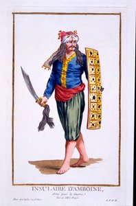 1780 (हाथ से रंगा हुआ ई) के कॉस्ट्यूम के बाद &39;प्रिंसेस कलेक्शंस, रिप्रेजेंटिंग रेंज्स एंड डिग्निटीज&39; से युद्ध के लिए सशस्त्र अंबोइन द्वीप का मूल निवासी द्वारा पियरे डुफोलोस