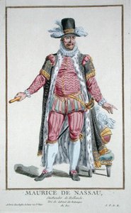 नासाउ के प्रिंस मौरिस (1567-1625) डच गणराज्य के स्टैडहोल्डर 'रिस्यूइल डेस एस्टैम्प्स, जो रैंक और डिग्निटीज का प्रतिनिधित्व करते हैं, सभी मौजूदा राष्ट्रों की पोशाक के बाद', 1780 में प्रकाशित (हाथ से रंग की नक्काशी) द्वारा पियरे डुफोलोस