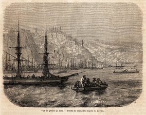 1854-1855 में एल. डेविल द्वारा उत्तरी अमेरिका की यात्राओं का वर्णन करने के लिए ग्रैंडसायर द्वारा चित्रित क्यूबेक का दृश्य। "" ले टूर डू मोंडे "" 1861 में उत्कीर्णन। सेल्वा का संग्रह।