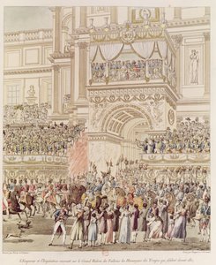 सम्राट और महारानी ने चार्ल्स पियरे जोसेफ नॉर्मैंड (1765-1840) द्वारा उत्कीर्ण अपनी शादी के अवसर पर ट्यूलेरीज़ की बालकनी से फ्रांसीसी सैनिकों की श्रद्धांजलि प्राप्त की (रंग)