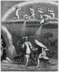जंगल में बारिश से एनी और डिडॉन हैरान रह गए। पॉल स्कार्रॉन (1610-1660) द्वारा "" वर्जिल ट्रांसवेस्टाइट "" का चित्रण, "एल'एनाइड" की एक पैरोडी। स्टाल द्वारा उत्कीर्णन। द्वारा पियरे गुस्तावे यूजीन स्टाल
