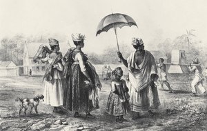 बच्चों के साथ गुलाम व्यापारी, 'वॉयज ए सूरीनाम', 1839 (लिथो) (बी/डब्ल्यू फोटो) से द्वारा पियरे जे (बाद) बेनोइट