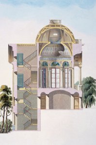 1827 में प्रकाशित पियरे जैक्स गेटेब्यूबर द्वारा &39;मोनोरमेंट्स की पसंद, उल्लेखनीय इमारतों और नीदरलैंड के राज्य के घरों&39; से एंटवर्प के पास हिंगेन के मंडप का क्रॉस सेक्शन द्वारा पियरे जैक्स गोएटगेबुअर