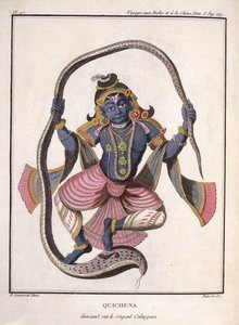 पियरे सोनारट द्वारा &39;जर्नी टू इंडिया एंड चाइना&39; से कालिया नाग पर कृष्ण नृत्य, पोइसन द्वारा उत्कीर्ण, 1782 में प्रकाशित