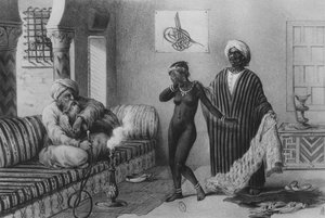 1854 में त्रिपोली के एक स्लेव मास्टर द्वारा टिम्बकटू की एक युवा लड़की, "वोयाज अउ सौदान एट डांस एल" अफरीक सेपेंट्रियनेल, ए। एडम, 1850 द्वारा उकेरी गई। द्वारा पियरे ट्रेमाक्स