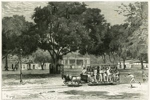 ट्राम, घोड़ों द्वारा शूटिंग, पारा (ब्राजील) के बंदरगाह में, नासरत के लार्गो पर। "अमेज़ॅन और कॉर्डिलरेस" कहानी को चित्रित करने के लिए विग्नल द्वारा उत्कीर्णन