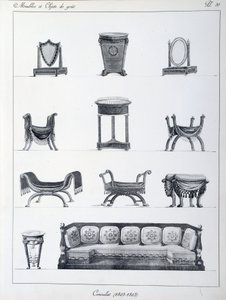 अवधि के फर्नीचर वाणिज्य दूतावास (1802-1803)। पियरे डे ला मेसांगेरे (1761-1831) द्वारा संग्रह "" फर्नीचर और स्वाद की वस्तुओं का संग्रह "" से लिया गया प्लेट। पेरिस। सजावटी कला