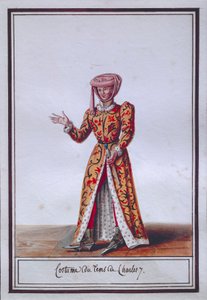 पियरे एंटोनी लेबौक्स डी ला मेसांगेरे (1761-1831), वॉटरकलर द्वारा चार्ल्स VII (1403-1461) के समय की पोशाक को दर्शाती महिलाओं की फैशन प्लेट द्वारा पियरे डे ला मेसांगेरे