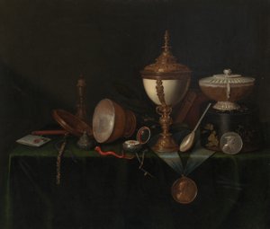 स्टिल लाइफ विथ ऑस्ट्रिच एग कप एंड द व्हिटफील्ड हेयरलूम्स, c. 1670. द्वारा पीटर गेरिट्स वैन रोस्ट्रेटेन