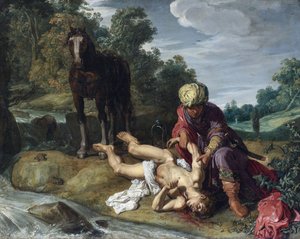 गुड सेमेरिटन - द गुड सेमेरिटन - पीटर पीटर्ज़ लास्टमैन द्वारा पेंटिंग (1583-1633), c. 1612 - कैनवास पर तेल द्वारा पीटर लास्टमैन