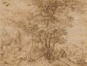 पेड़ों का समूह और खच्चर वाला एक गाँव, c.1552-54 द्वारा पीटर ब्रिगेल द एल्डर