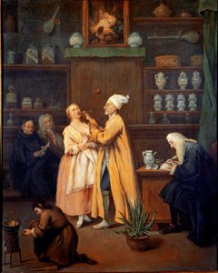 फार्मासिस्ट। पिएत्रो लोंगी (1702-1785) द्वारा पेंटिंग। 1752 (अग्रभूमि में एल'एलो वेरा) गैलेरिया डेल'एकेडेमिया, वेनिस।