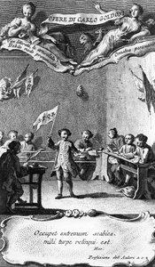 1761 में एंटोनियो बाराती द्वारा उत्कीर्ण &39;ओपेरे दी कार्लो गोल्डोनी&39; से, कार्लो गोल्डोनी ने पेरुगिया के जेसुइट स्कूल में अपने वर्ष के जश्न में एक झंडा फहराया।