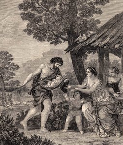 रोमुलस और रेमुस। पिएत्रो दा कॉर्टोन द्वारा पेंटिंग के बाद उत्कीर्णन। 1860 से उत्कीर्णन। द्वारा पिएत्रो दा कोर्टोना