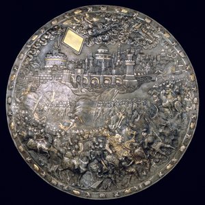 किंग जॉन III सोबिसकिस (1624-96) फॉर्च्यून टेलिंग शील्ड (लोहे और चांदी गिल्ट)