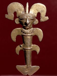 Precolombian कला, Quimbaya सभ्यता (कोलंबिया): सोने में मानवरूपी लटकन। 400-1400 ई. बोगोटा, म्यूजियो डी ओरो, कोलंबिया