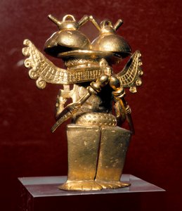 Precolombian कला, Quimbaya सभ्यता (कोलंबिया): सोने में मानवरूपी प्रतिमा। 400-1400 ई. मैड्रिड, म्यूजियो डी अमेरिका
