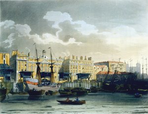 जॉन थर (fl.1791-1819), 1808 (एक्वाटिंट) द्वारा उत्कीर्ण अकरमन के &39;लंदन के माइक्रोकॉसम&39; से टेम्स नदी से कस्टम हाउस द्वारा पुगिन और रोवलैंडन