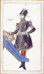 नासिर अल-दीन शाह का चित्र, एक तोप पर हाथ आराम करते हुए, सी। 1853-4