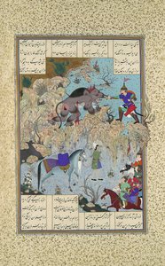 शाहनामा बुक ऑफ किंग्स से बहराम चुबिना शेर-एप, फोलियो 715 वी को मारता है ..., c1530-35
