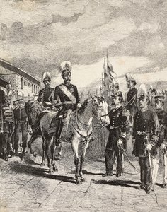 जापानी सेना: इन्फैंट्री सैनिक, चीफ ऑफ स्टाफ, मेजर जनरल, कैवेलरी, वाइस एडमिरल, इन्फैंट्री कप्तान, गनर, जापान, L'Illustrazione Italiana से क्विंटो सेनी द्वारा ड्राइंग से उत्कीर्णन, नंबर 17, अप्रैल 27 द्वारा क्विंटो सेनि