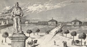ग्यूसेप गैरीबाल्डी (1807-1882), इतालवी राजनेता और देशभक्त की स्मृति में स्मारक, और पृष्ठभूमि में स्नान प्रतिष्ठान, सेसेनाटिको, इटली द्वारा क्विंटो सेनि