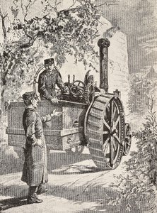 रोड लोकोमोटिव पर दो इतालवी सैन्य इंजीनियर, अपनी नई वर्दी में, L'Illustrazione Italiana से क्विंटो सेनी द्वारा ड्राइंग से उत्कीर्ण, वर्ष 12, संख्या 47, 22 नवंबर द्वारा क्विंटो सेनि