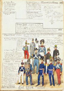 1845 से डची ऑफ पर्मा की विभिन्न वर्दी। सेनी क्विंटो द्वारा रंगीन प्लेट द्वारा क्विंटो सेनि
