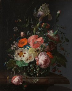 संगमरमर की मेज पर फूलों के साथ स्थिर जीवन द्वारा Rachel Ruysch