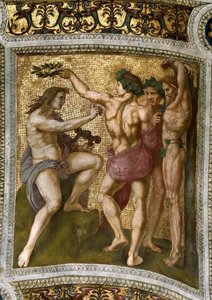 Marsyas और अपोलो। स्टेंज़ा डेला सेग्नतुरा में फ्रेस्को सीलिंग, सीए 1510-1511। द्वारा राफेल