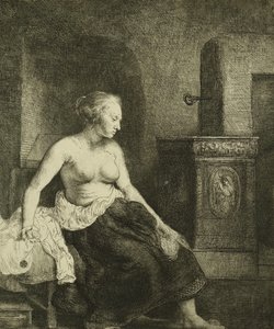 ए वूमेन सिटिंग हाफ-ड्रेस्ड बिसाइड ए स्टोव, 1658 द्वारा रिमब्रांड वैन रिजन