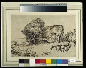 एक बड़े पेड़ द्वारा फूस की झोपड़ी, बाहर बैठी एक आकृति, c.1648-52 (कागज पर कलम और स्याही) द्वारा रेम्ब्रांट हर्मेंज़। वैन रिजन