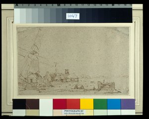 एक पवनचक्की और घरों का एक समूह, c.1652-53 (कागज पर धोने के साथ ईख की कलम और स्याही) द्वारा रेम्ब्रांट हर्मेंज़। वैन रिजन