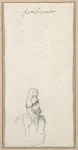 प्रोफ़ाइल में दाढ़ी वाला आदमी, ऊँची टोपी में, c.1640 (कागज पर काला चाक) द्वारा रेम्ब्रांट हर्मेंज़। वैन रिजन