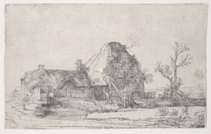 मैन स्केचिंग के साथ कॉटेज और फार्म बिल्डिंग, c.1645 (नक़्क़ाशी) द्वारा रिमब्रांड वैन रिजन