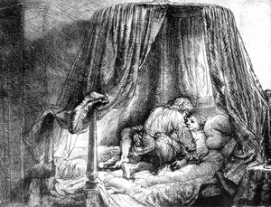 बिस्तर में प्यार करते युगल, रेम्ब्रांट वैन रिजन (1606-1669) 1646 . द्वारा उत्कीर्ण