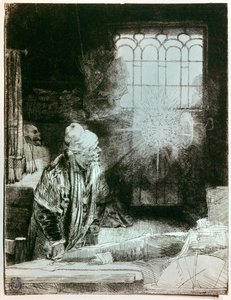 डॉ. फॉस्ट अपनी कार्यशाला में रेम्ब्रांट हर्मेन्स्च वैन रिजन (1606 - 1669) द्वारा कॉपर उत्कीर्णन में। खिड़की के सामने दिखाई देने वाली चमकदार डिस्क एक धातु के ताबीज के शिलालेख की नकल करती है जो पाया गया है, जिसका मायावी अर्थ रेम्ब्रा को मोहित कर देगा द्वारा रिमब्रांड वैन रिजन