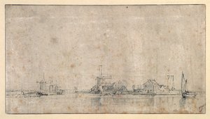ओमवाल में एम्स्टेल, c.1650-53 (कागज पर धोने के साथ कलम और स्याही) द्वारा रेम्ब्रांट हर्मेंज़। वैन रिजन
