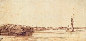 निएवे मीर पर एक नौकायन नाव के साथ एक नदी द्वारा रिमब्रांड वैन रिजन