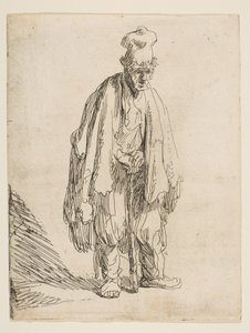 एक उच्च टोपी में भिखारी, एक छड़ी पर खड़े होकर झुकना, ca. 1629। द्वारा रिमब्रांड वैन रिजन