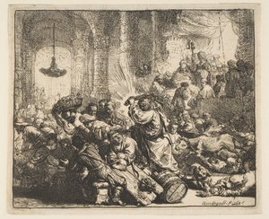 मंदिर, 1635 से क्राइस्ट द मनी-चेंजर्स ड्राइविंग। द्वारा रिमब्रांड वैन रिजन