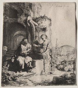 क्राइस्ट एंड द वूमन ऑफ सामरिया बीच रुइंस, 1634। द्वारा रिमब्रांड वैन रिजन