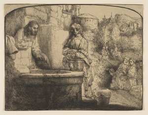क्राइस्ट एंड द वूमन ऑफ सामरिया: ए आर्च्ड प्रिंट, 1658। द्वारा रिमब्रांड वैन रिजन