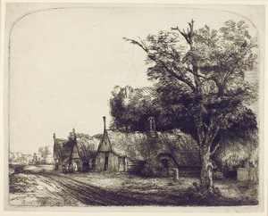 एक सड़क, 1650 के पास गॉबेज कॉटेज के साथ लैंडस्केप (कागज पर und drypoint नक़्क़ाशी) द्वारा रिमब्रांड वैन रिजन