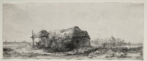 एक कॉटेज और हे बार्न के साथ लैंडस्केप: ओबलोंग, 1641। द्वारा रिमब्रांड वैन रिजन
